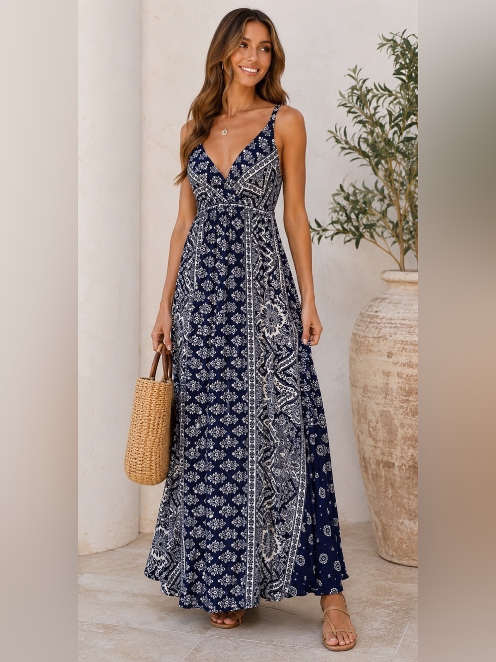 Soma Blue White Boho Maxi Dress XS Paisley Medallion Resort Cottagecore
